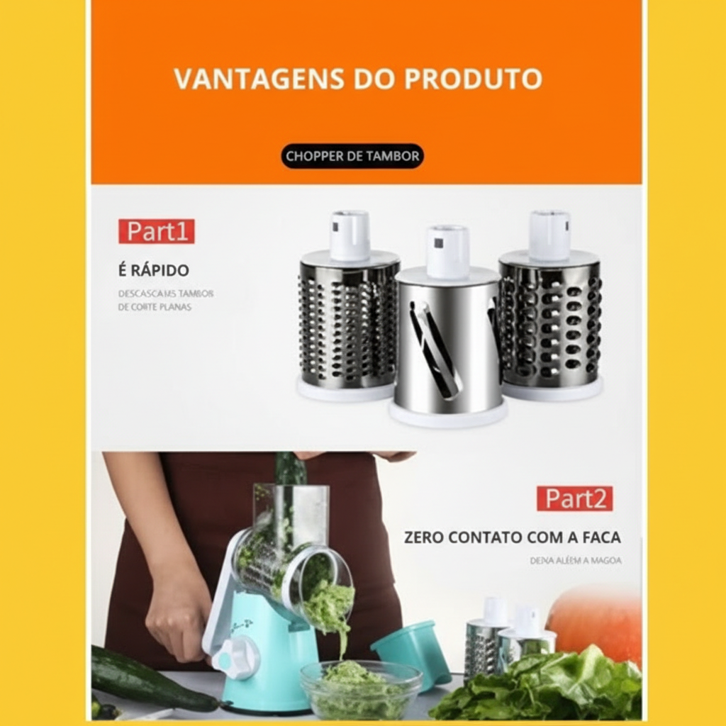 Fatiador Manual de Legumes Giratório 3 em 1 – Inox, Multiuso
