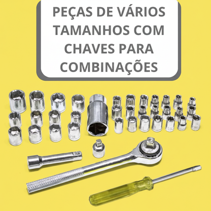 Jogo de Ferramentas 40 Peças com Soquetes – Maleta Cinza, Uso Automotivo e Doméstico