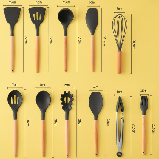 Conjunto de Utensílios de Cozinha 12 Peças – Silicone com Cabo de Madeira (Preto)