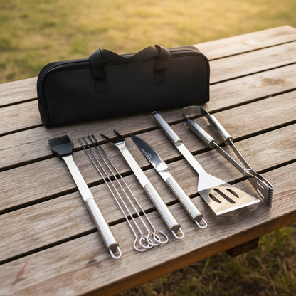 Conjunto de Churrasco 9 Peças em Inox Profissional – Com Bolsa