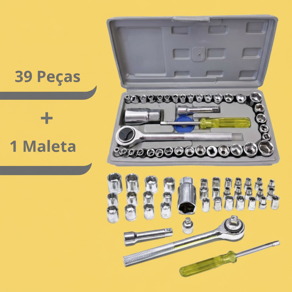 Jogo de Ferramentas 40 Peças com Soquetes – Maleta Cinza, Uso Automotivo e Doméstico