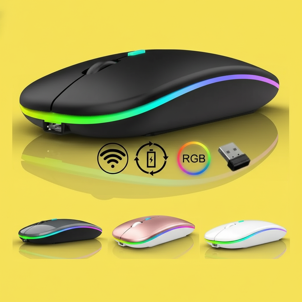 Mouse Recarregável Wireless Bluetooth 2.4GHz – LED RGB, 1600 DPI, Até 10m, Compatível com PC, Notebook e Mac