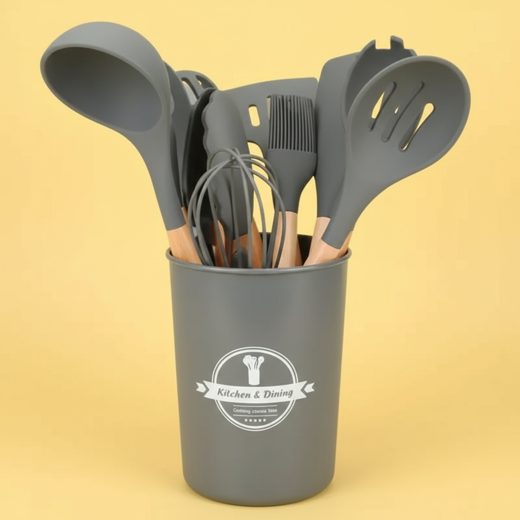 Conjunto de Utensílios de Cozinha 12 Peças – Silicone com Cabo de Madeira (Cinza)