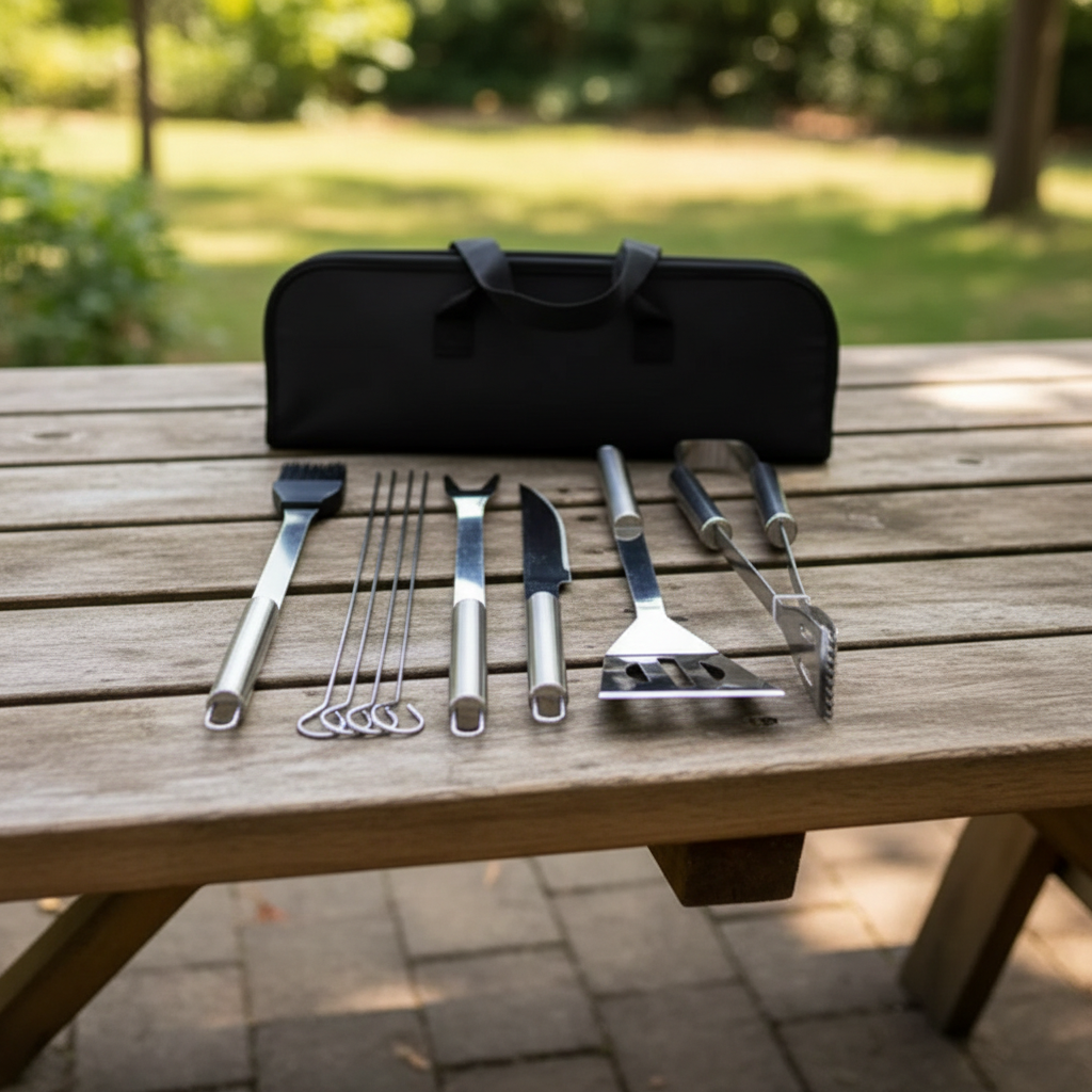 Conjunto de Churrasco 9 Peças em Inox Profissional – Com Bolsa