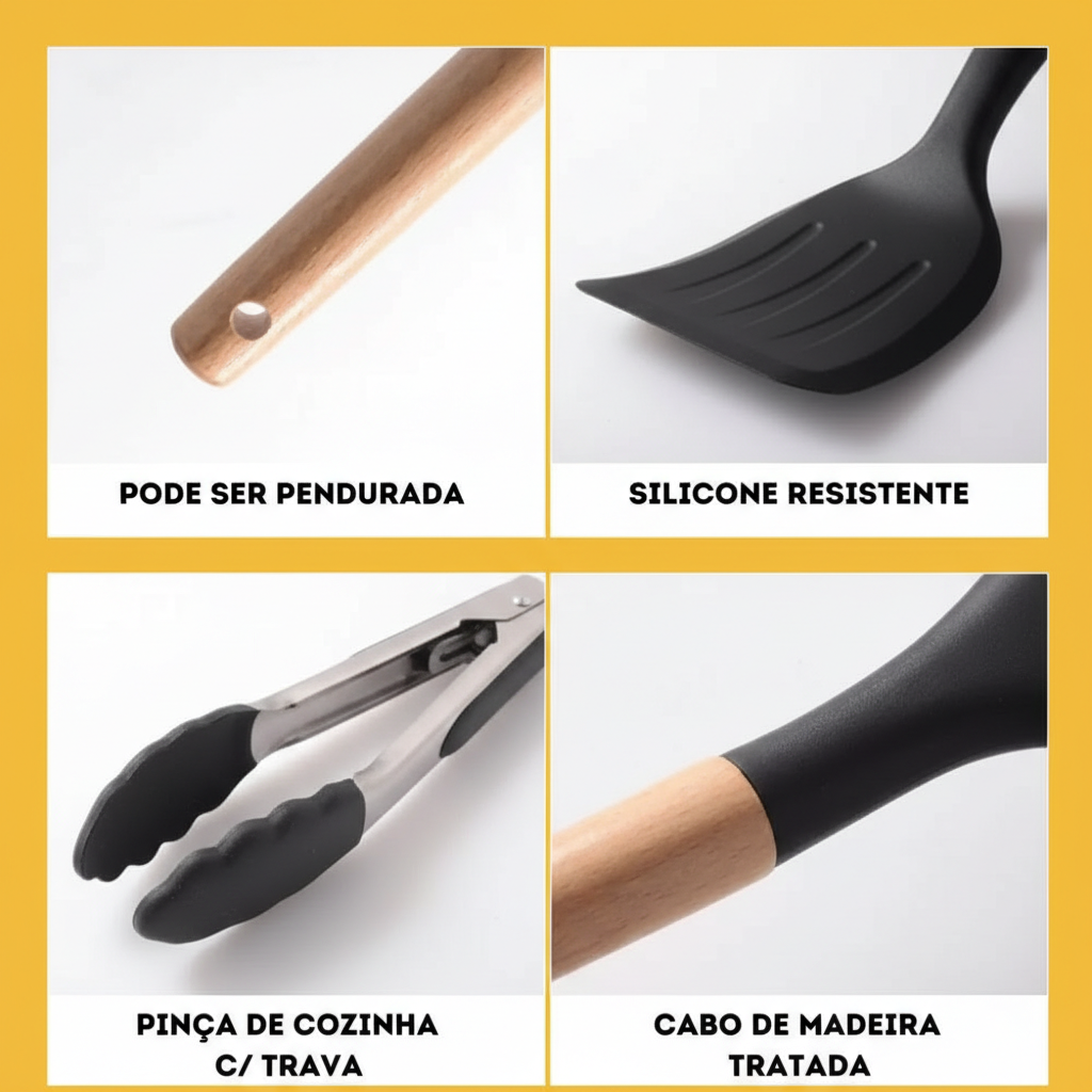 Conjunto de Utensílios de Cozinha 12 Peças – Silicone com Cabo de Madeira (Cinza)