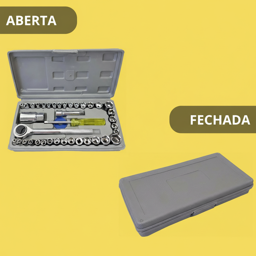 Jogo de Ferramentas 40 Peças com Soquetes – Maleta Cinza, Uso Automotivo e Doméstico