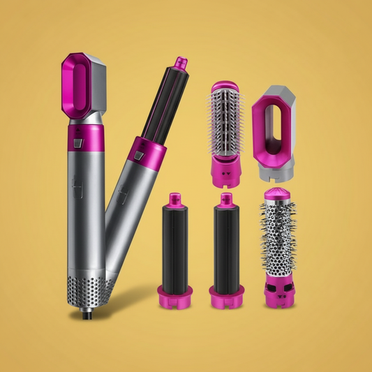 Escova Secador de Cabelo 5 em 1 – Multifuncional, 110V, Pink/Prata