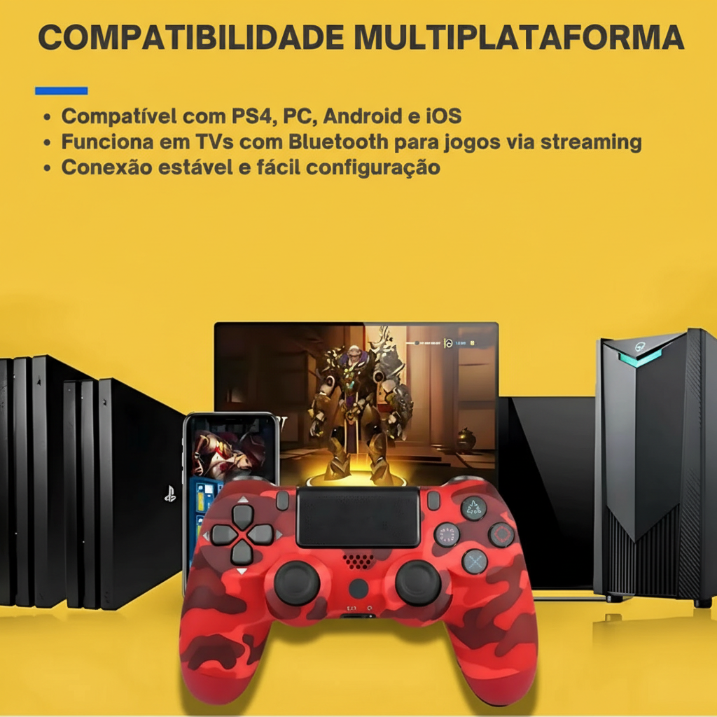 Controle Sem Fio para PS4 – Bluetooth, Vermelho Camuflado, Preciso e Confortável