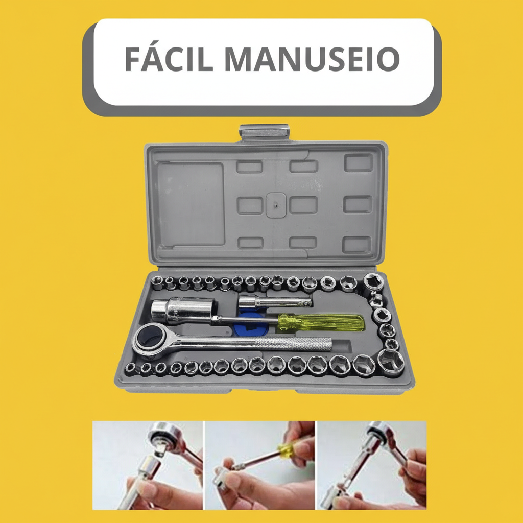 Jogo de Ferramentas 40 Peças com Soquetes – Maleta Cinza, Uso Automotivo e Doméstico