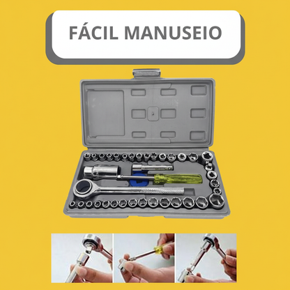 Jogo de Ferramentas 40 Peças com Soquetes – Maleta Cinza, Uso Automotivo e Doméstico