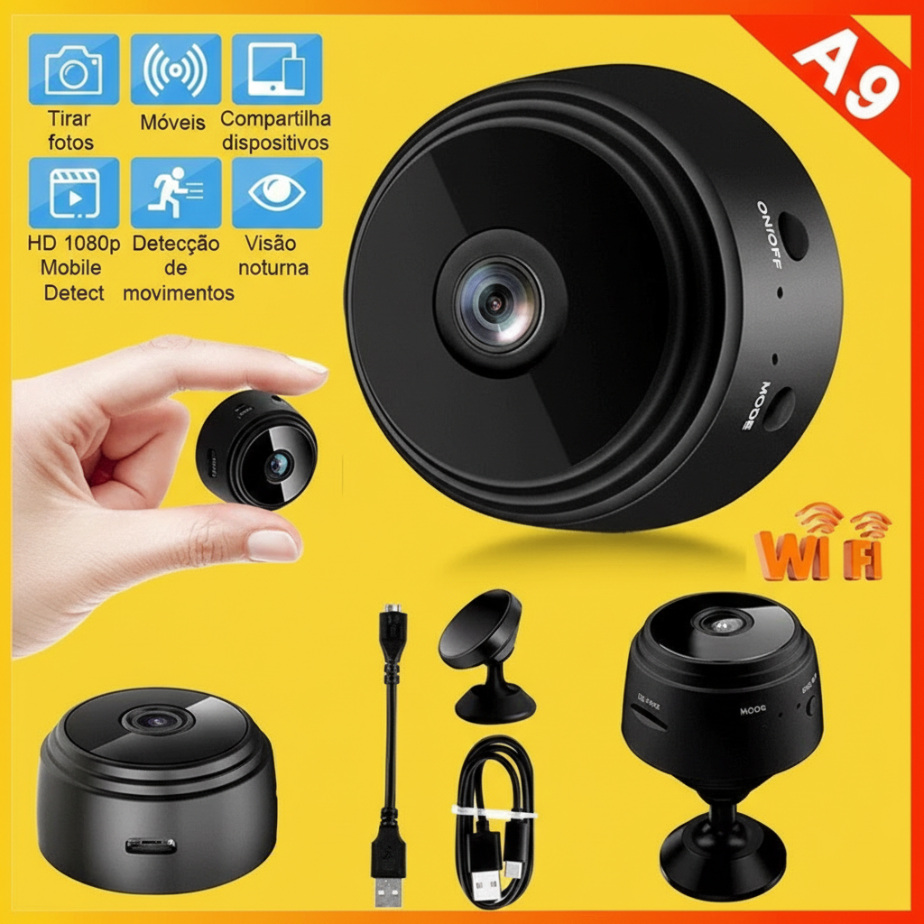 Mini Câmera de Segurança Fixa Espiã A9 Wi-Fi FullHD 90° com Suporte de Parede
