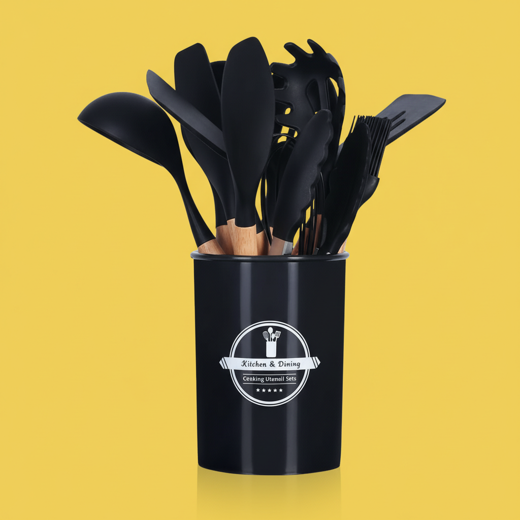 Conjunto de Utensílios de Cozinha 12 Peças – Silicone com Cabo de Madeira (Preto)