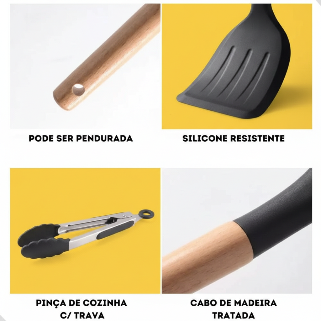 Conjunto de Utensílios de Cozinha 12 Peças – Silicone com Cabo de Madeira (Preto)