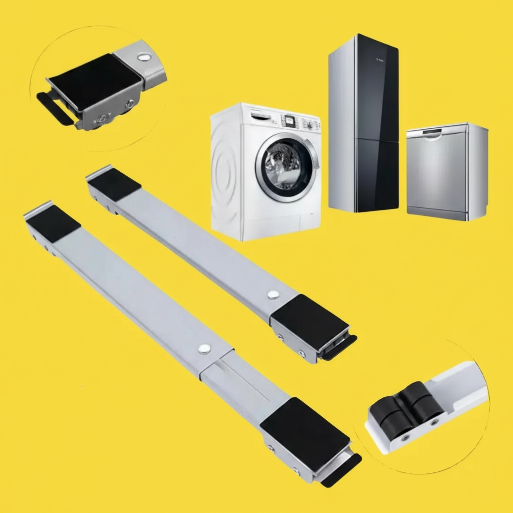 Base Suporte com Rodinhas – Ajustável para Geladeira e Máquina de Lavar, Branco/Preto