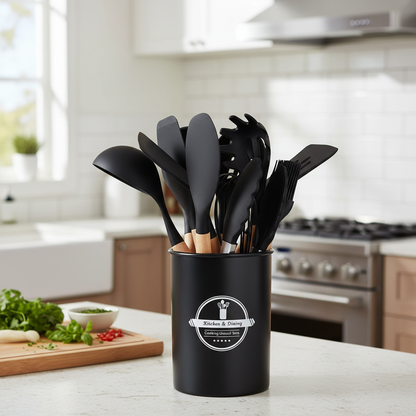 Conjunto de Utensílios de Cozinha 12 Peças – Silicone com Cabo de Madeira (Preto)
