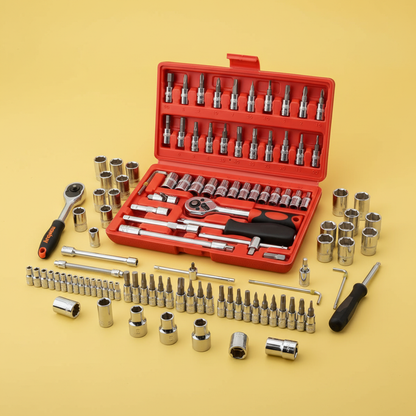 Jogo de Ferramentas 46 Peças com Soquetes – Aço, Maleta Vermelha, Uso Automotivo e Doméstico