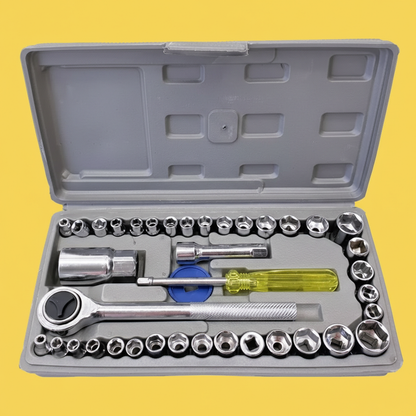 Jogo de Ferramentas 40 Peças com Soquetes – Maleta Cinza, Uso Automotivo e Doméstico