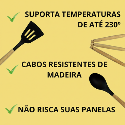 Conjunto de Utensílios de Cozinha 12 Peças – Silicone com Cabo de Madeira (Preto)