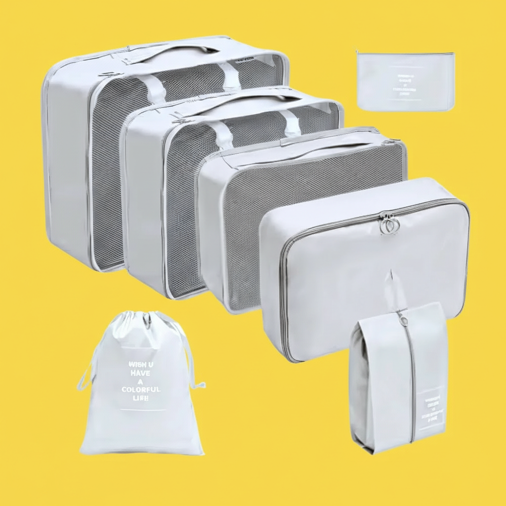 Kit Organizador de Mala para Viagem 7 Peças – Bege Claro ou Rosa