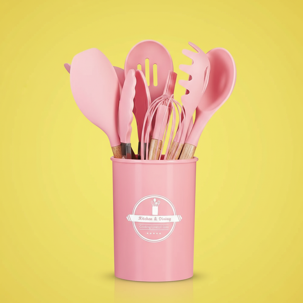Conjunto de Utensílios de Cozinha 12 Peças – Silicone com Cabo de Madeira (Rosa)