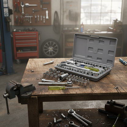 Jogo de Ferramentas 40 Peças com Soquetes – Maleta Cinza, Uso Automotivo e Doméstico