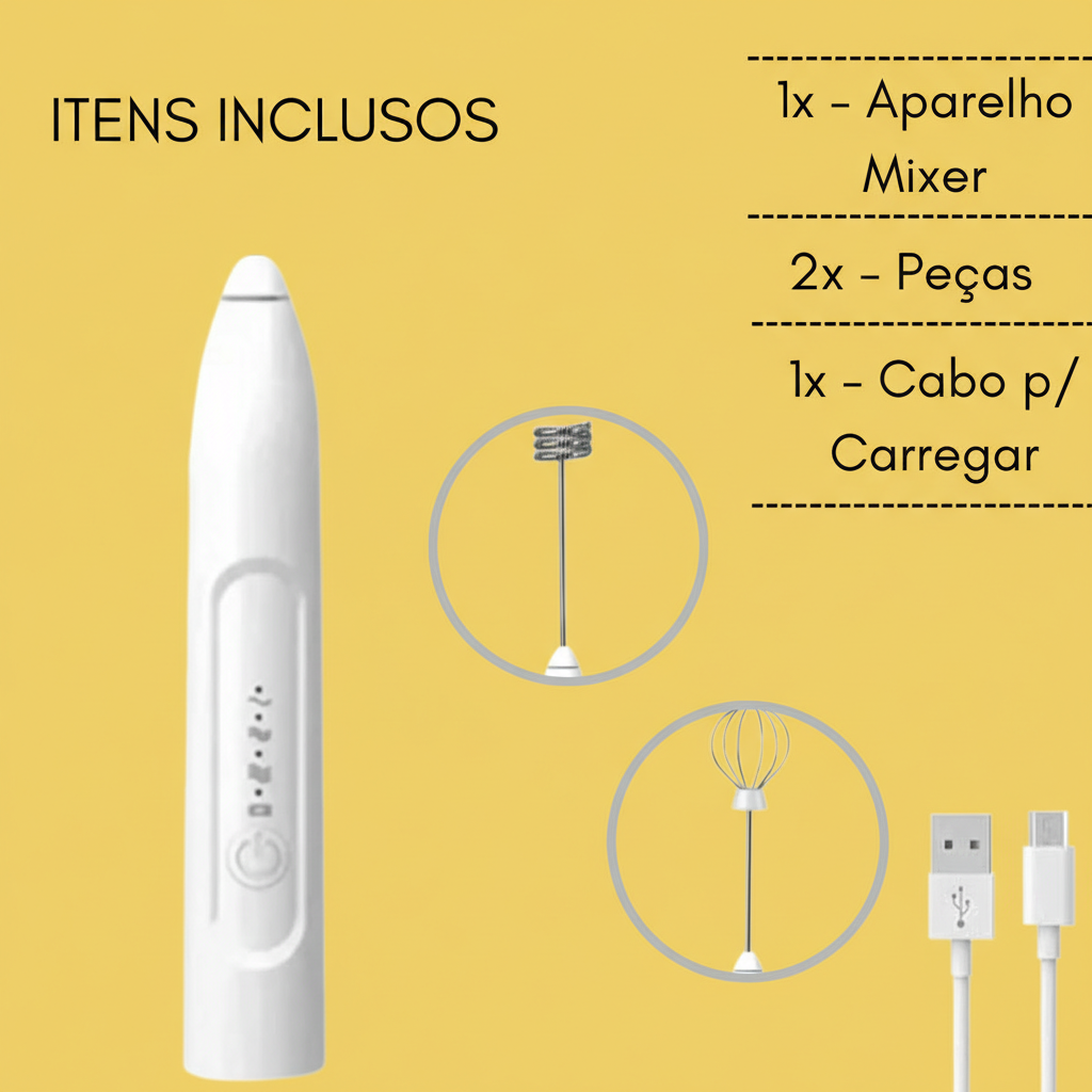 Mini Batedor Mixer Elétrico Portátil – Premium, Branco, Bivolt
