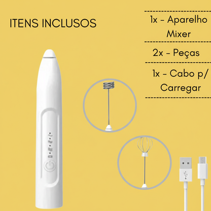 Mini Batedor Mixer Elétrico Portátil – Premium, Branco, Bivolt