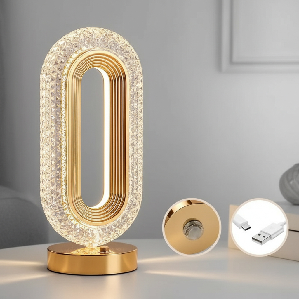 Luminária Abajur Retrô Cristal LED – Touch, Recarregável USB