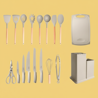 Conjunto de Utensílios de Cozinha 19 Peças – Completo, Bege, Prático e Resistente