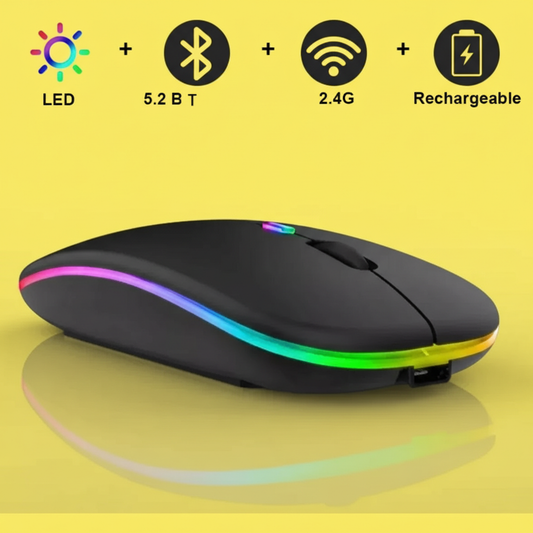 Mouse Recarregável Wireless Bluetooth 2.4GHz – LED RGB, 1600 DPI, Até 10m, Compatível com PC, Notebook e Mac