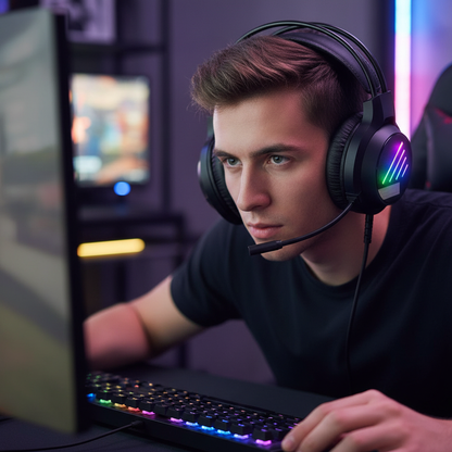 Fone Headset Gamer RGB Rainbow – Preto, Som Imersivo e Iluminação LED