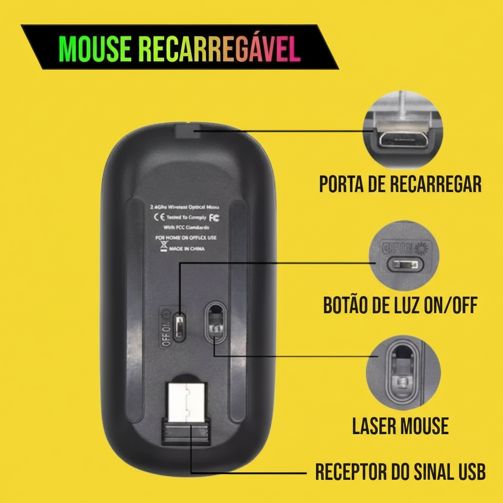 Mouse Recarregável Wireless Bluetooth 2.4GHz – LED RGB, 1600 DPI, Até 10m, Compatível com PC, Notebook e Mac